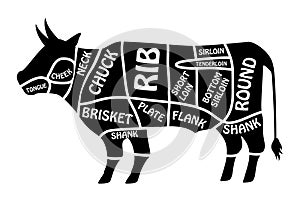 Beef chart. Poster Butcher diagram for groceries, meat stores, butcher shop. Segmented cow silhouette vector