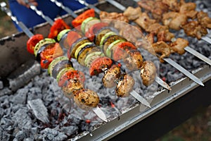 Beef and chicken kebab. Fresh meat at grill, bbq