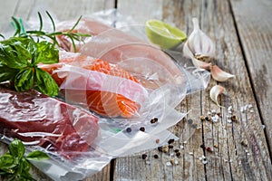 Beef, chicken and salmon in vacuum plastic bag for sous vide cooking