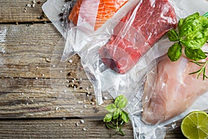 Beef, chicken and salmon in vacuum plastic bag for sous vide cooking