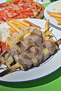 Beef eggplant meat skewer French fries barbeque grill