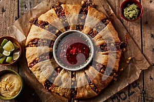 Beef enchilada ring with sauces photo