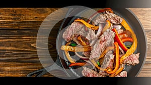 beef fajita platter with copy space on wooden brown background, top view