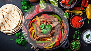 Beef Fajitas with colorful bell peppers in pan and tortilla bread and sauces