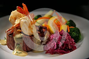 Beef Filet Mignon with Shrimp and Veggies photo