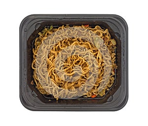 Beef flavored ramen noodles in a black tray