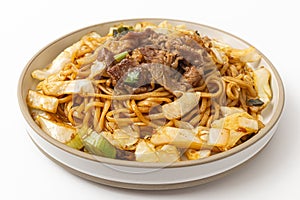 Beef fried noodles on white background