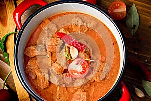 Beef goulash - stew in rustic pot-cruise