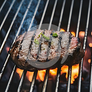 Beef grilling over charcoal barbecue, sizzling and savory