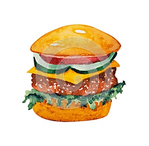 Beef hamburger. Fast food hand drawn watercolor