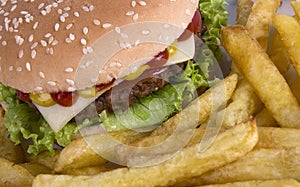 Beef hamburguerwith french fries photo