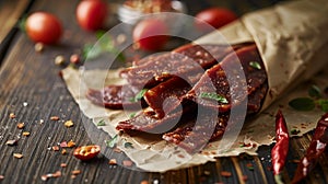 Beef jerky in a paper package against a background of tomatoes and peppers photo