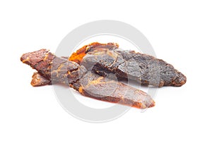 Beef jerky pieces. Dried beef meat