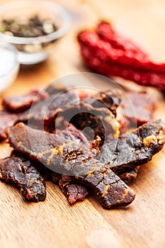 Beef jerky pieces. Dried beef meat