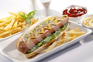 Beef Jumbo sausage sandwich with coleslaw & Ketchup & Fries