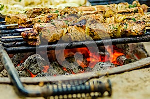 Beef kababs on the grill closeup