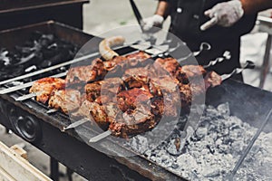 Beef kebab. Fresh meat at grill, bbq