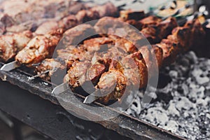 Beef kebab. Fresh roasted meat at grill, bbq, closeup
