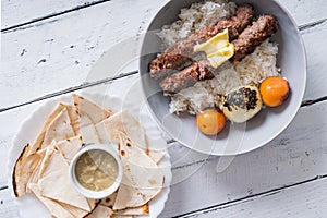 Beef kebab rice with pita moutabal