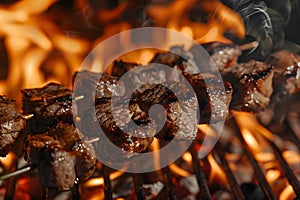 Beef kebabs roasting over fire flames on the grill with copy space