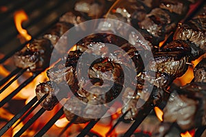 Beef kebabs roasting over flames. Copy space background