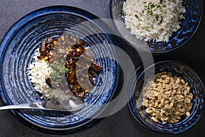 beef kung pao with peanuts and rice