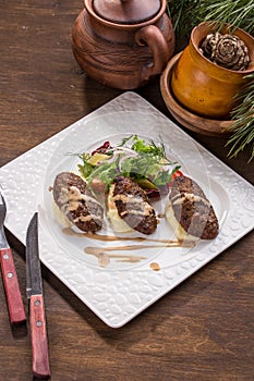 Beef Meat Balls or Rissole with mashed potato on wooden table