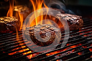 Beef meat barbecue burgers prepared grilled on bbq fire flame grill