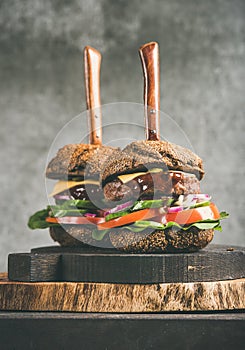 Beef meat cheeseburgers with barbeque sauce on wooden boards