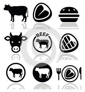 Beef meat, cow icon set