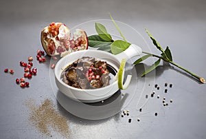 Beef meat cubes with pine in a bowl , Diced veal in a bowl