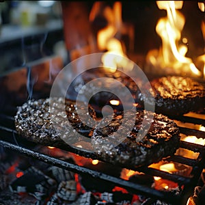 Beef meat minced hamburgers over the flaming grill barbecue fire.