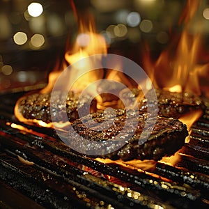 Beef meat minced hamburgers over the flaming grill barbecue fire.