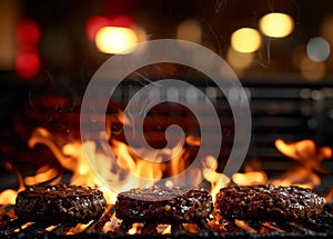 Beef meat minced hamburgers over the flaming grill barbecue fire.