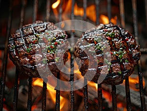 Beef meat minced hamburgers over the flaming grill barbecue fire.