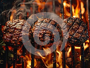Beef meat minced hamburgers over the flaming grill barbecue fire.