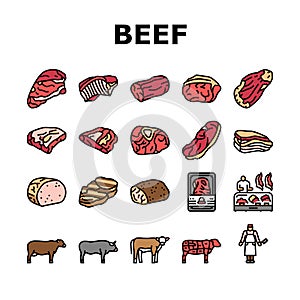 Beef Meat Nutrition Production Icons Set Vector