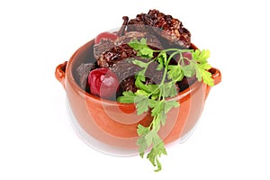 Beef meat in pot with vegetables