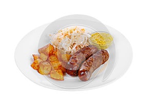 Beef, meat sausage with mustard sauce isolated