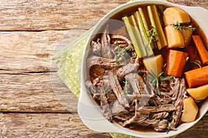 Beef meat and vegetables stew Homemade Slow Cooker Pot Roast with Carrots, celery and Potatoes close up in the bowl. Horizontal