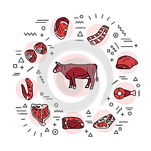 Beef meat web banner. Infographics with linear icons