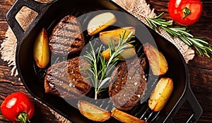 Beef Medallion Grilled Country Potato Flat Lay on Rustic Black Pan Serving for Delicious Recipe. Pork Fillet Fried on Skillet for