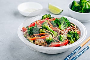 Beef Noodle Stir Fry with broccoli, carrots and red bell peppers