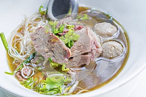 Beef noodles with braised beef and meatball delicious Chinese Asian favorite Thai street food
