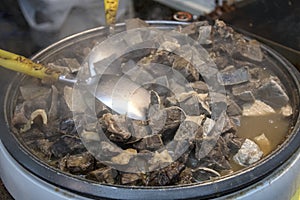 Beef offal stew sold at Kuromon market in Osaka city