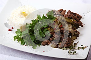 Beef with onions and rice side dish