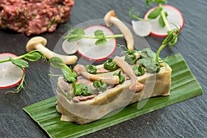 Beef in pastry with mushrooms and radishes