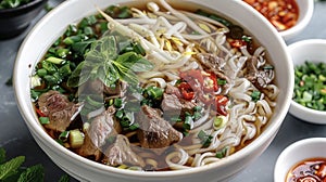 Beef Pho Noodle Soup with Fresh Herbs and Chili