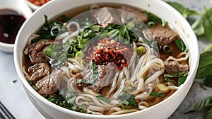 Beef Pho Noodle Soup with Fresh Herbs and Chili