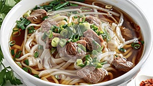 Beef Pho Noodle Soup with Fresh Herbs and Chili
